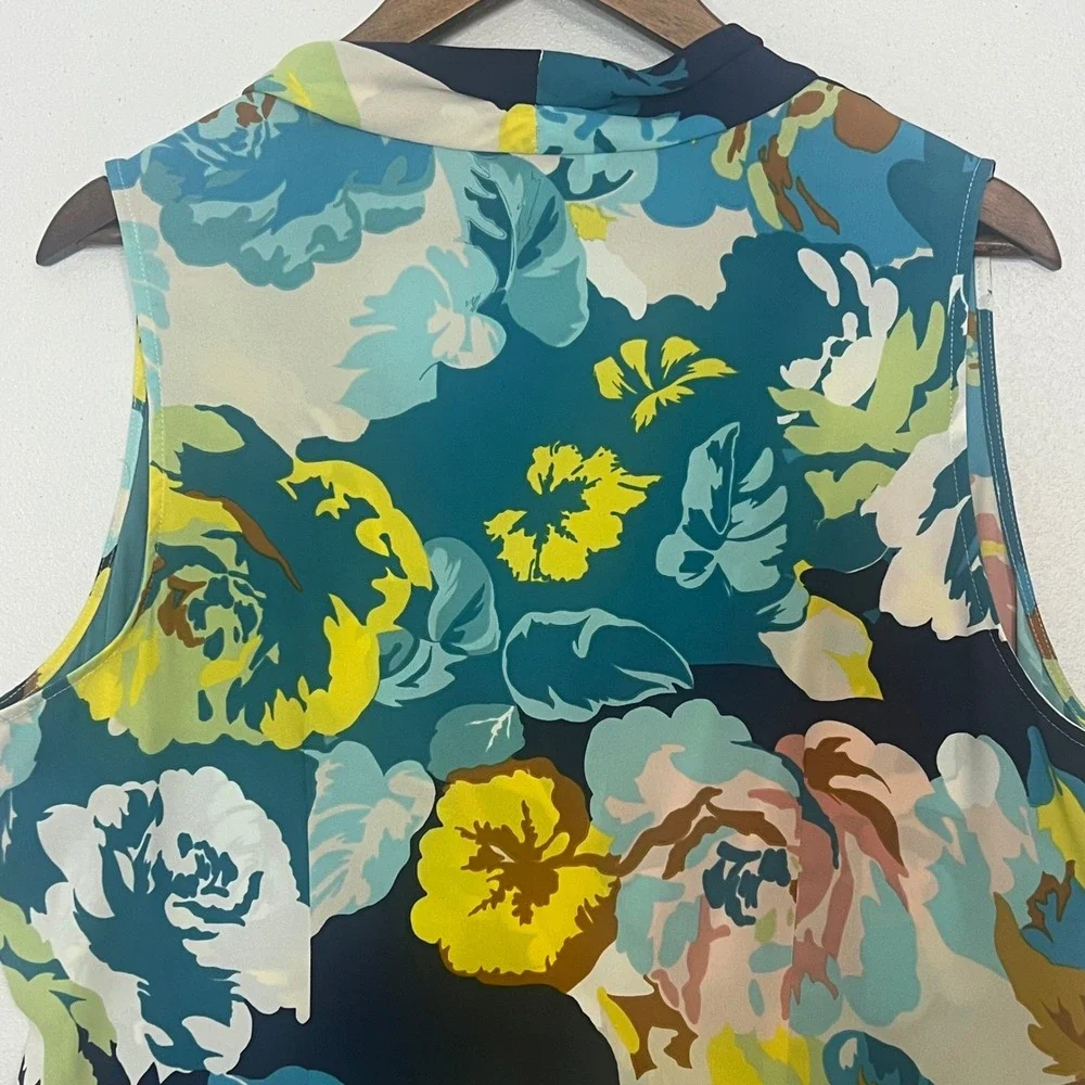 Cabi Sleeveless Blouse XL Blue Floral Faux Wrap Surplice Spring Blossom Career - Picture 9 of 13
